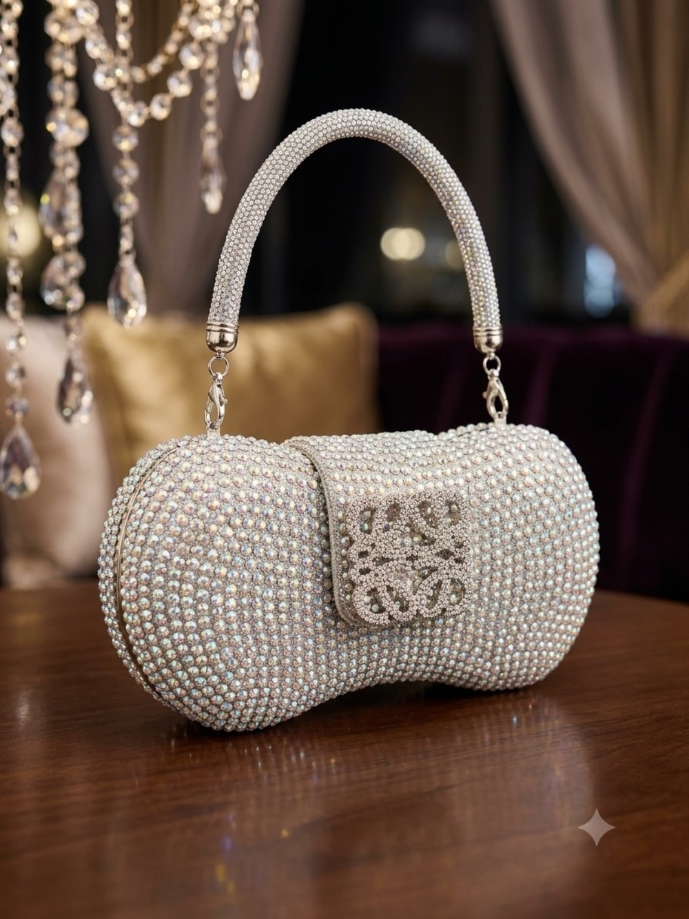 Crystal-Embellished Silver Evening Clutch with Top Handle